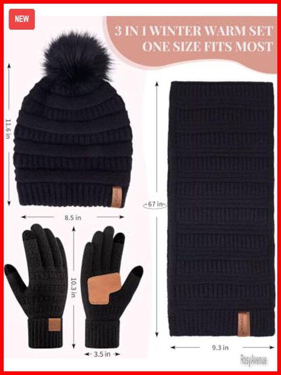 Winter Beanie Scarf Gloves Set, Fleece Lined Pom Pom Hat, Touchscreen Gloves main image 6